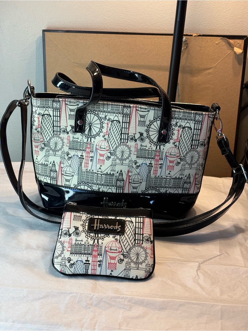 Harrods Black, Cream & Red London Print Shoulder purse with Matching Pouch